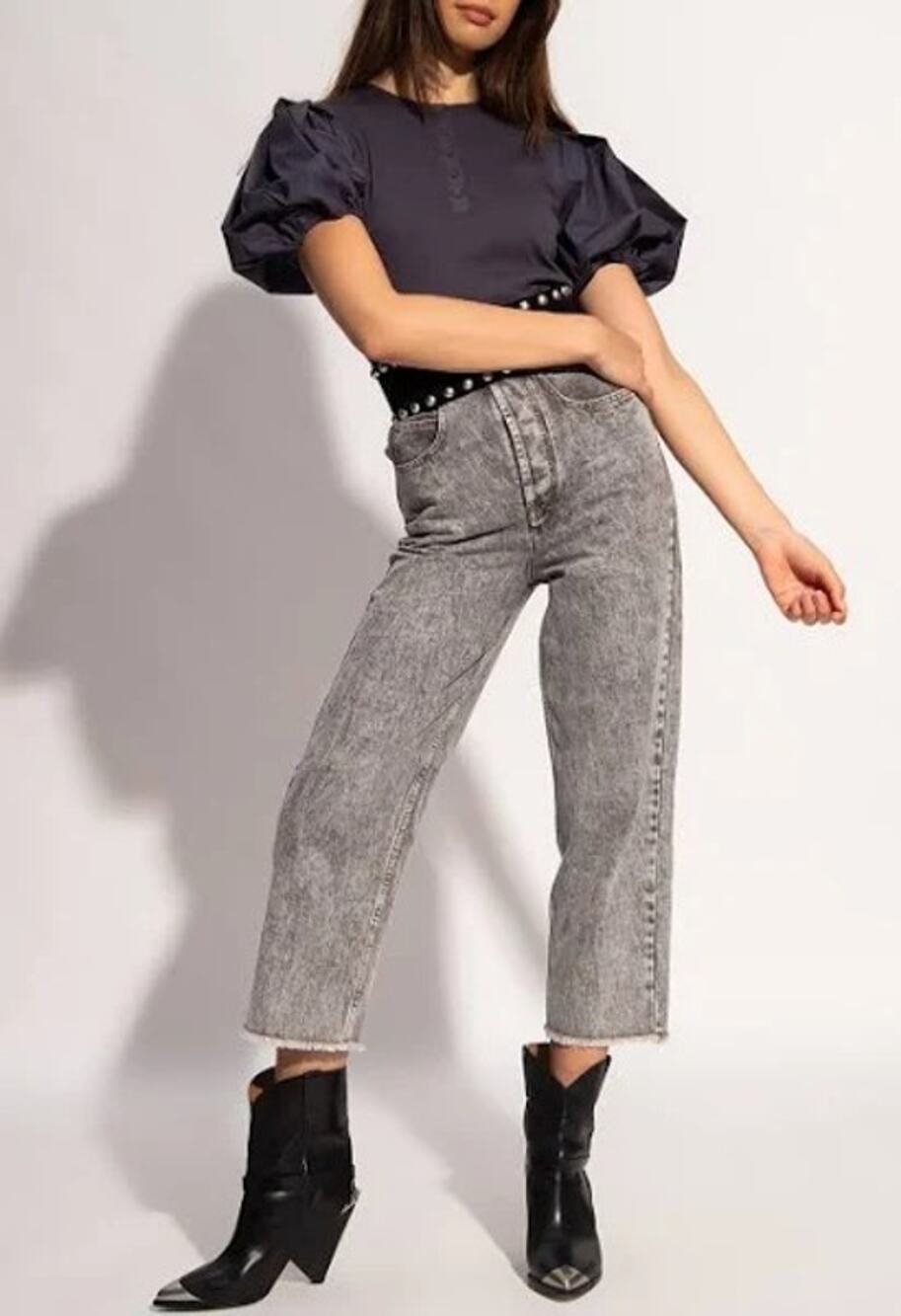 Ulla Johnson Kara Puff Sleeve Fine Ribbed Top in Dark Grey Size Small